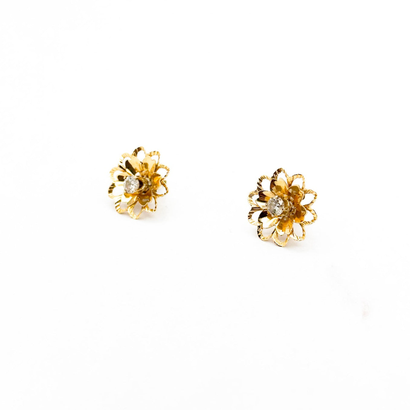 14k Gold Vintage Diamond Solitaire Stud Earrings with Solid Gold Flower Jackets