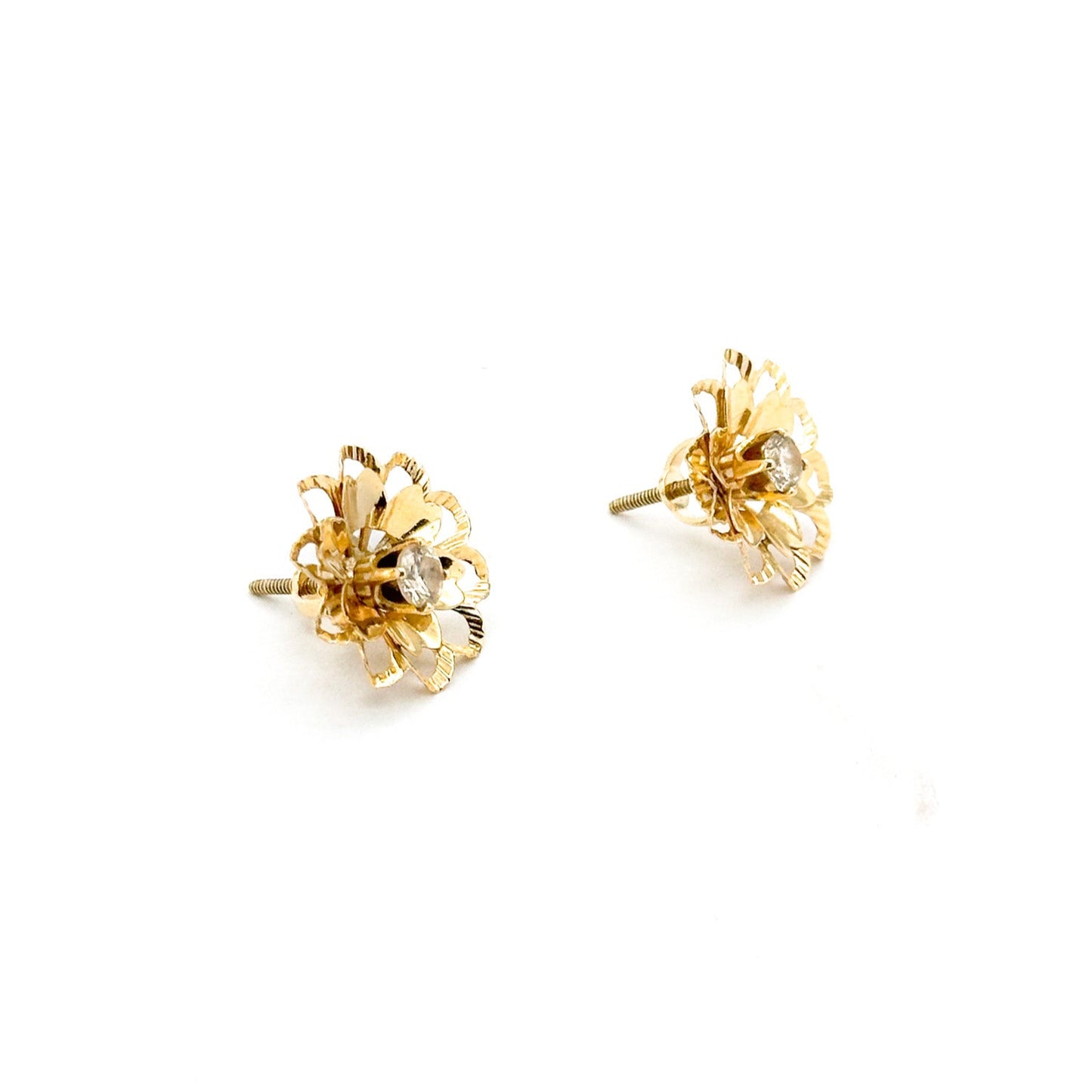 14k Gold Vintage Diamond Solitaire Stud Earrings with Solid Gold Flower Jackets