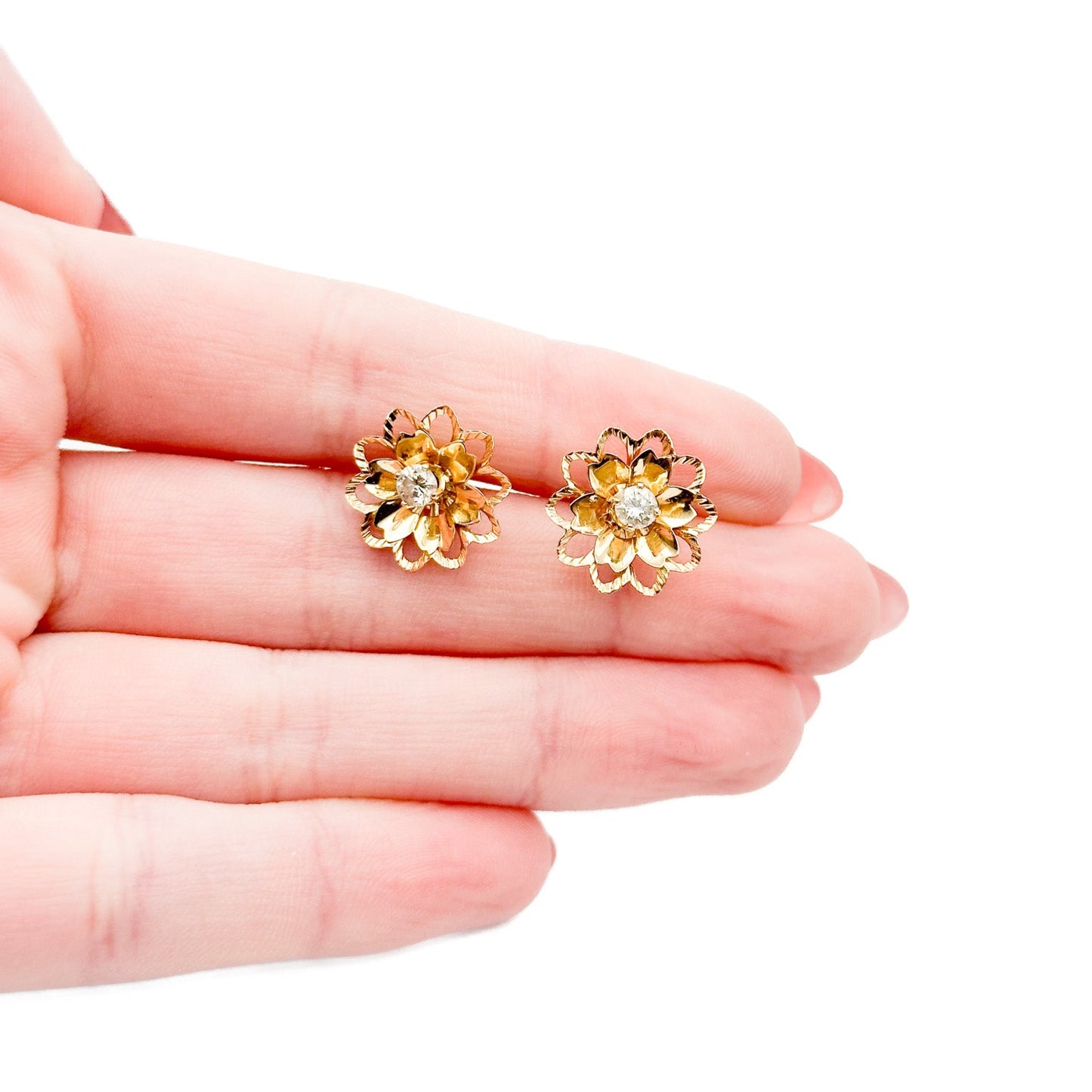 14k Gold Vintage Diamond Solitaire Stud Earrings with Solid Gold Flower Jackets