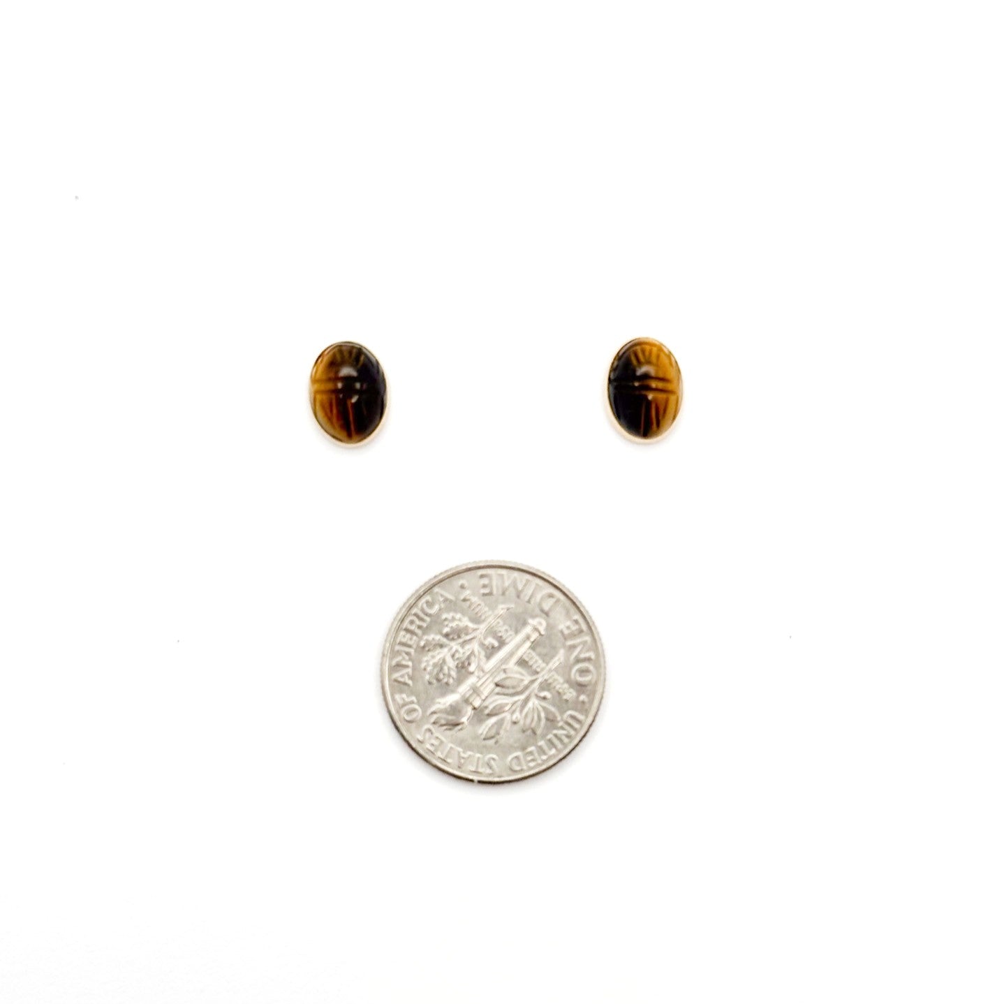 14K Gold Scarab Carved Tiger’s Eye Stud Earrings