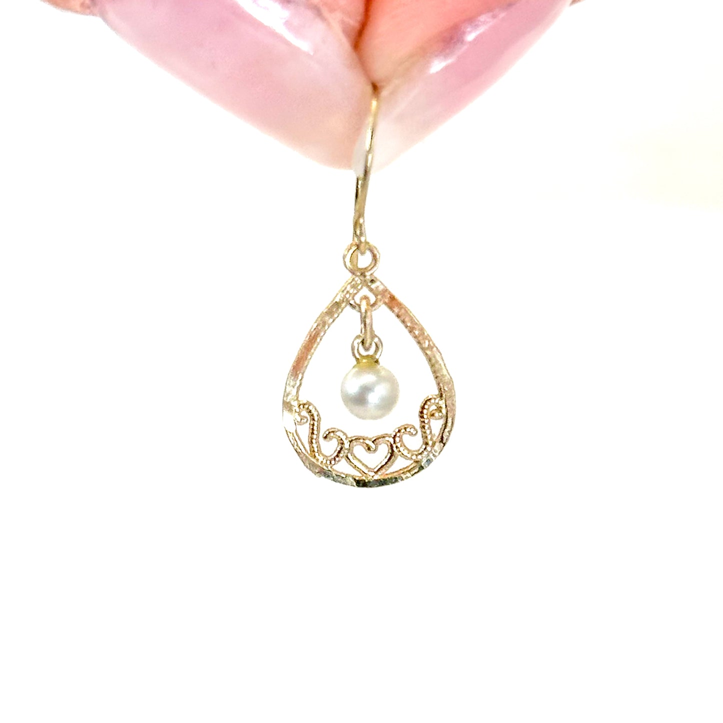 14K Pearl Filigree Gold French Wire Hook Earrings