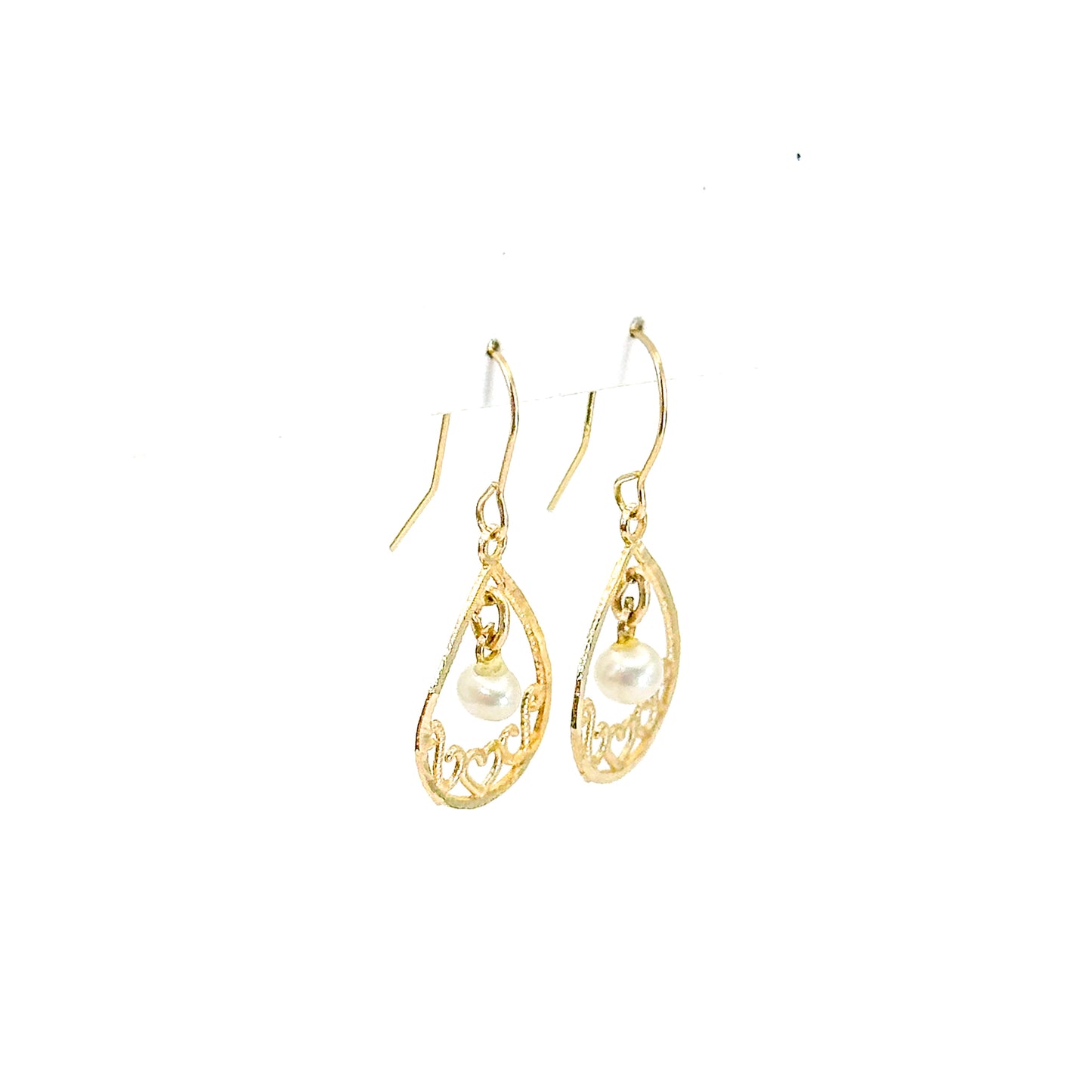 14K Pearl Filigree Gold French Wire Hook Earrings