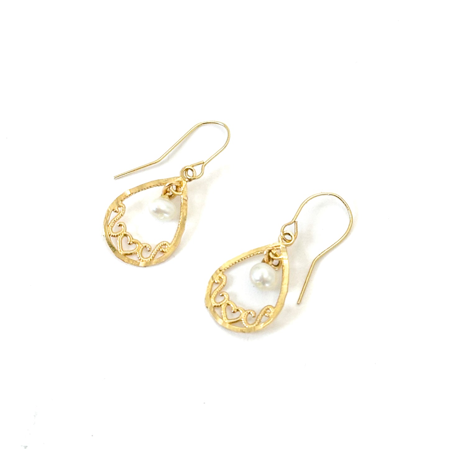 14K Pearl Filigree Gold French Wire Hook Earrings