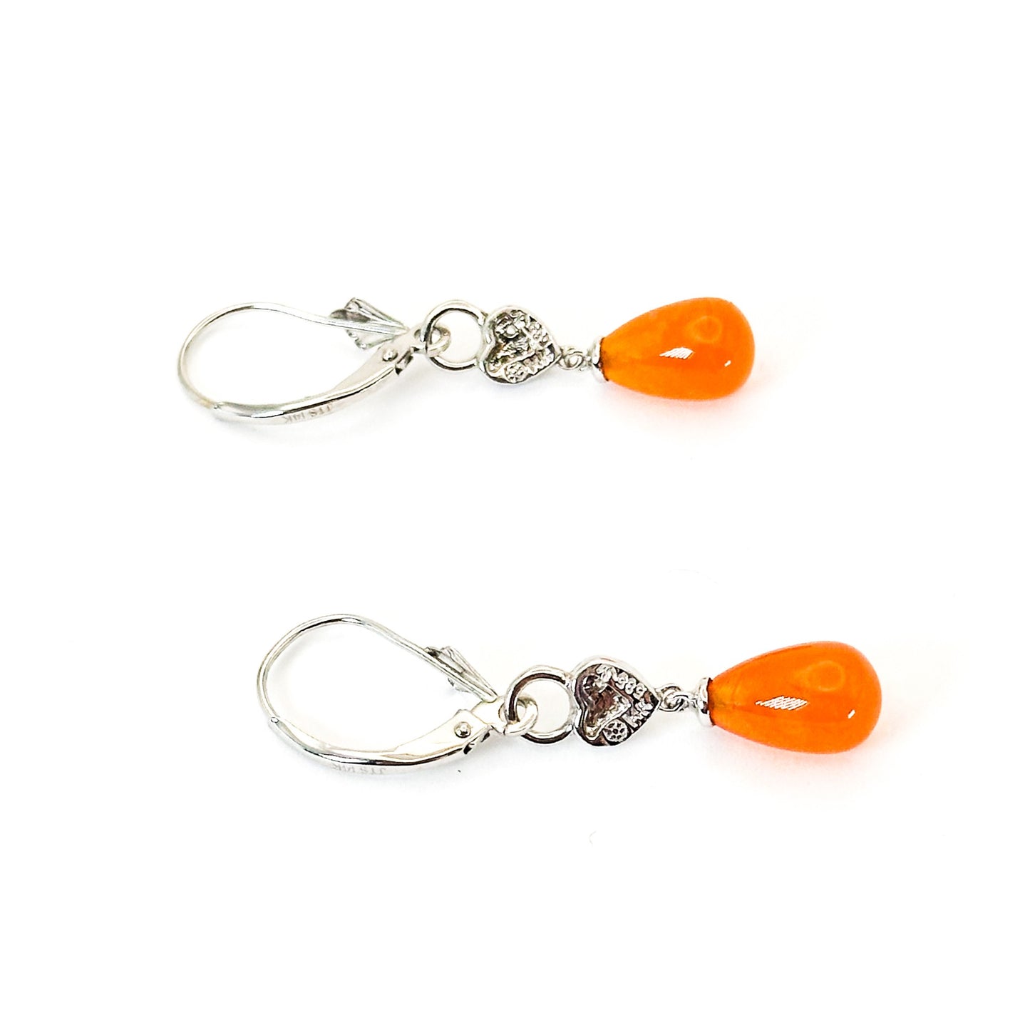 A pair of 14K white gold dangle lever-back earrings featuring teardrop-shaped fire opals with heart-shaped and diamond accents accents on a white background.