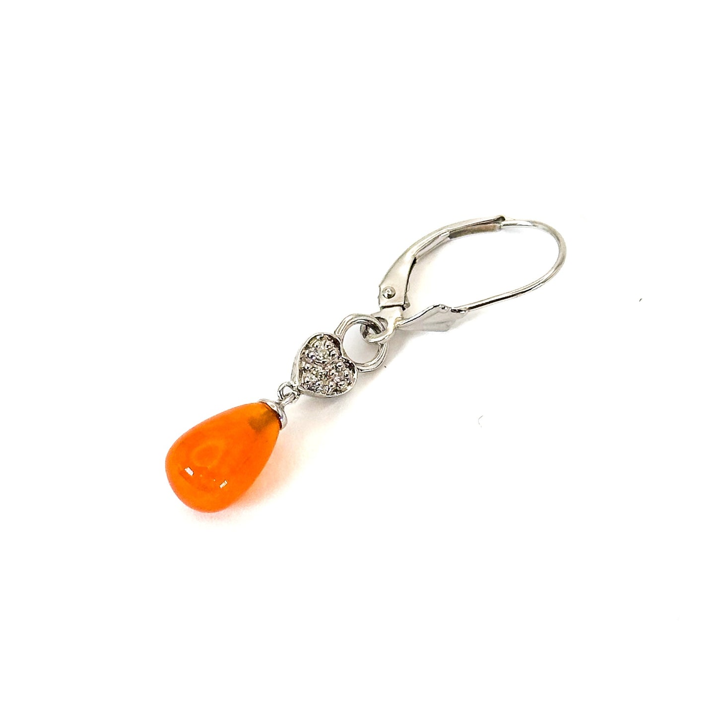A pair of 14K white gold dangle lever-back earrings featuring teardrop-shaped fire opals with heart-shaped and diamond accents accents on a white background.