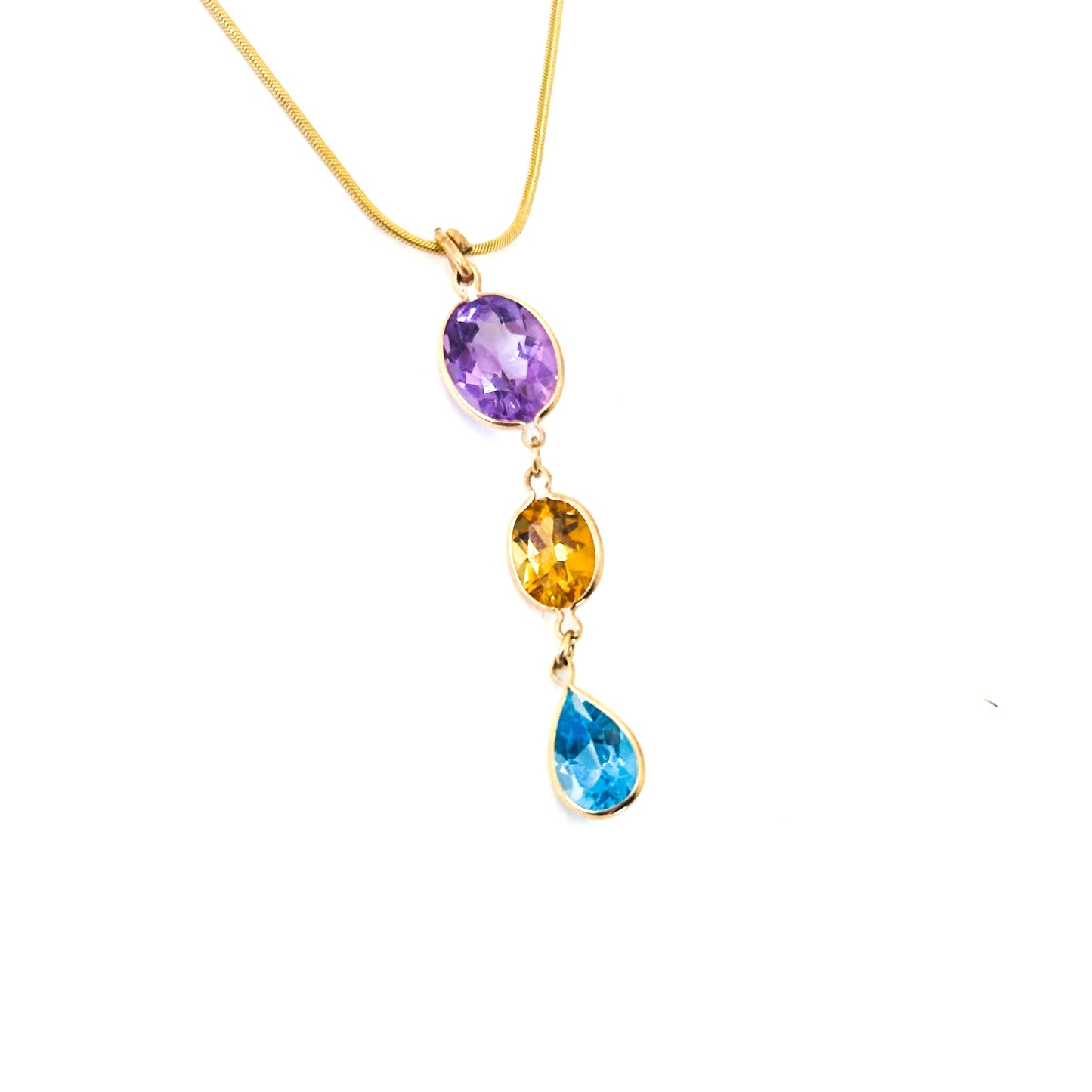 14K Gold Amethyst, Citrine & Blue Topaz Drop Pendant Necklace (Snake Chain Included)