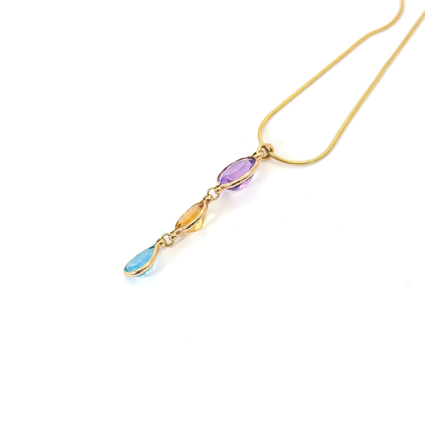 14K Gold Amethyst, Citrine & Blue Topaz Drop Pendant Necklace (Snake Chain Included)