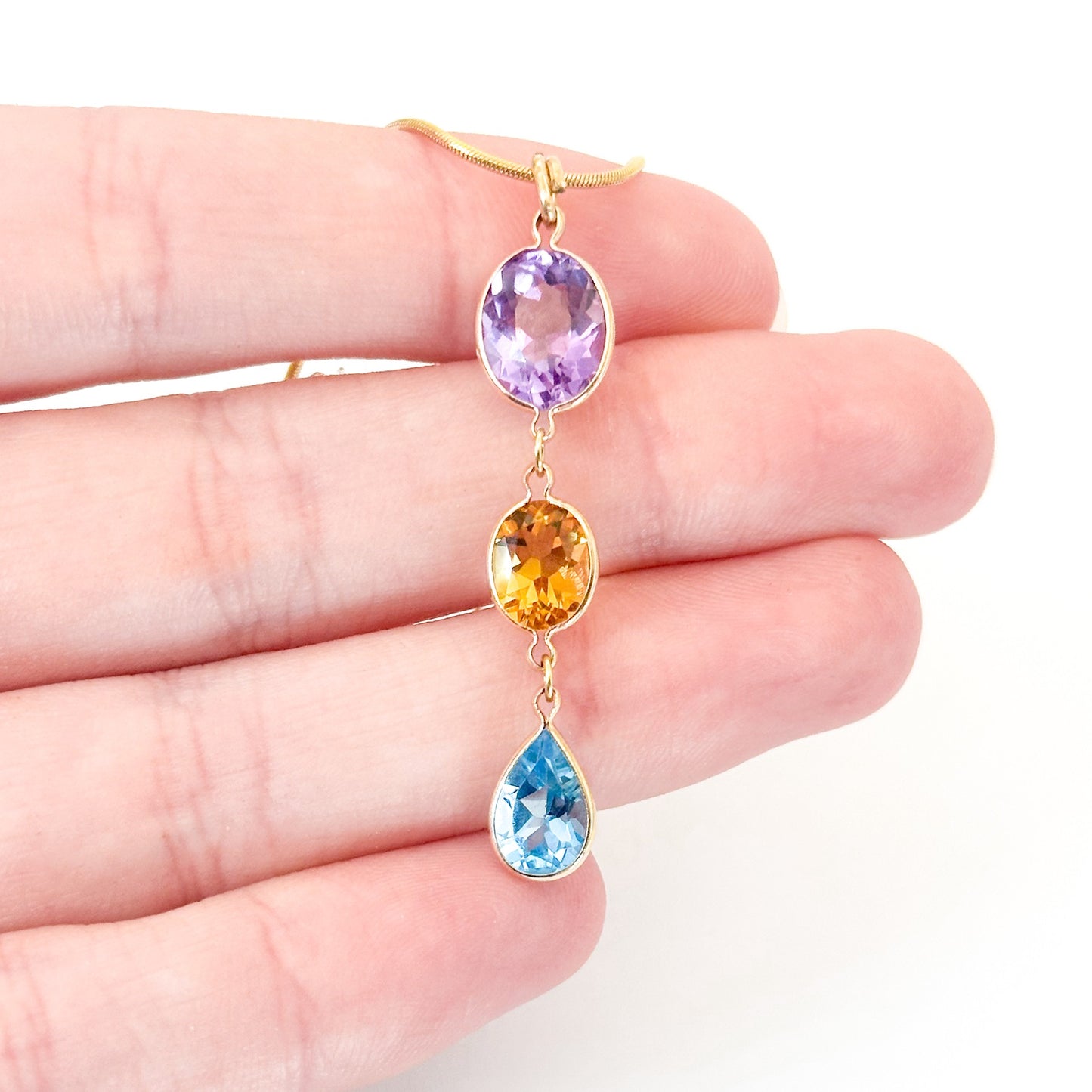 14K Gold Amethyst, Citrine & Blue Topaz Drop Pendant Necklace (Snake Chain Included)