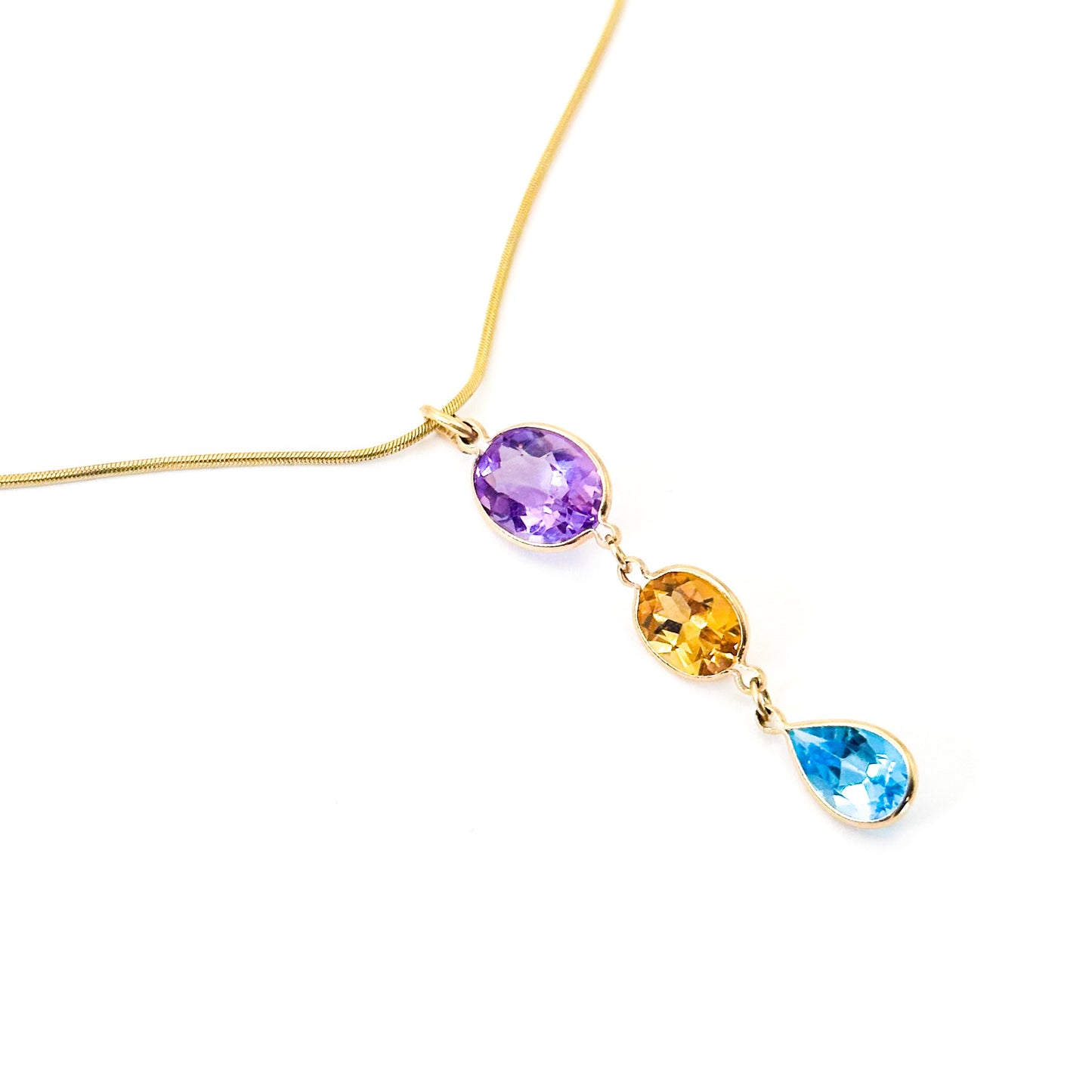 14K Gold Amethyst, Citrine & Blue Topaz Drop Pendant Necklace (Snake Chain Included)