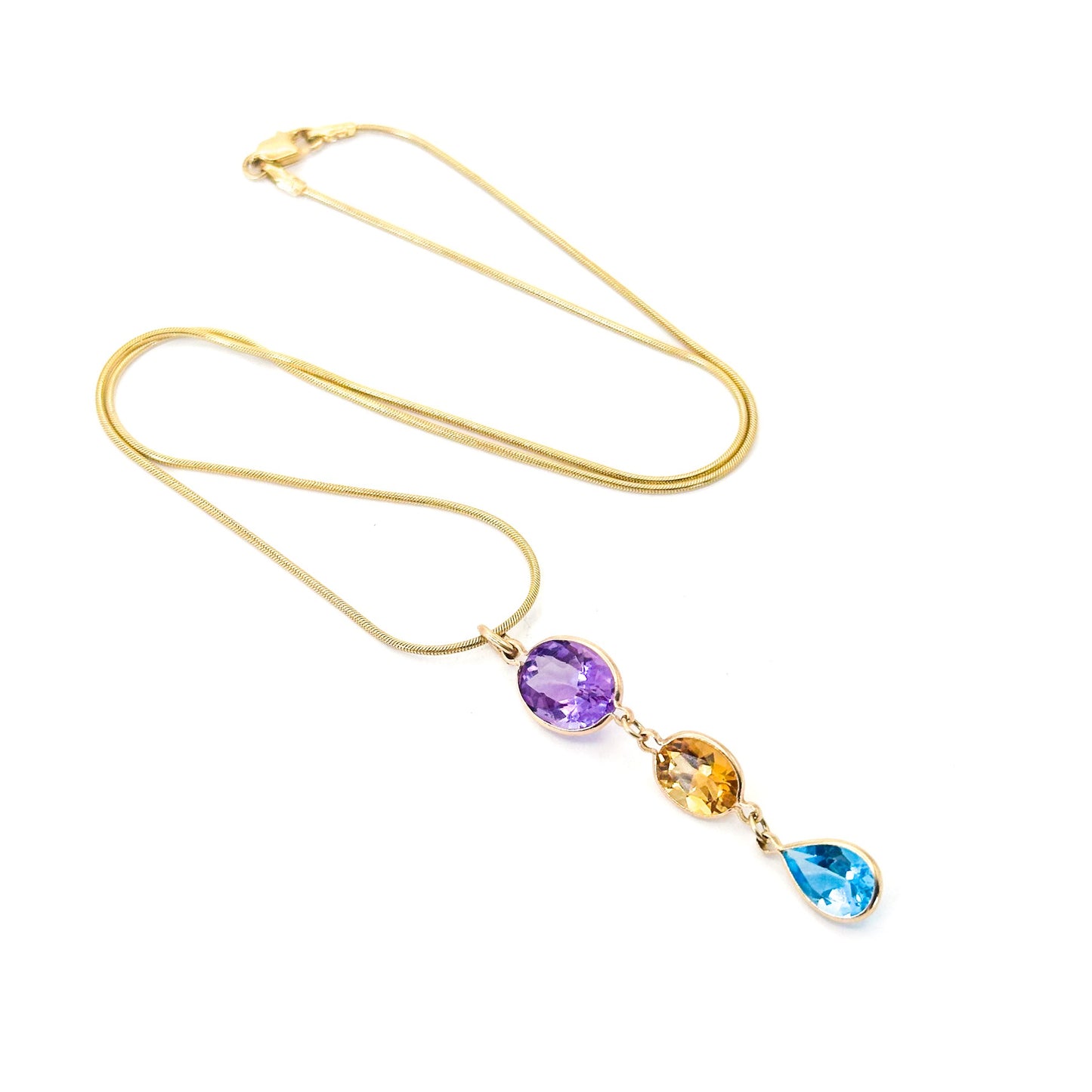 14K Gold Amethyst, Citrine & Blue Topaz Drop Pendant Necklace (Snake Chain Included)