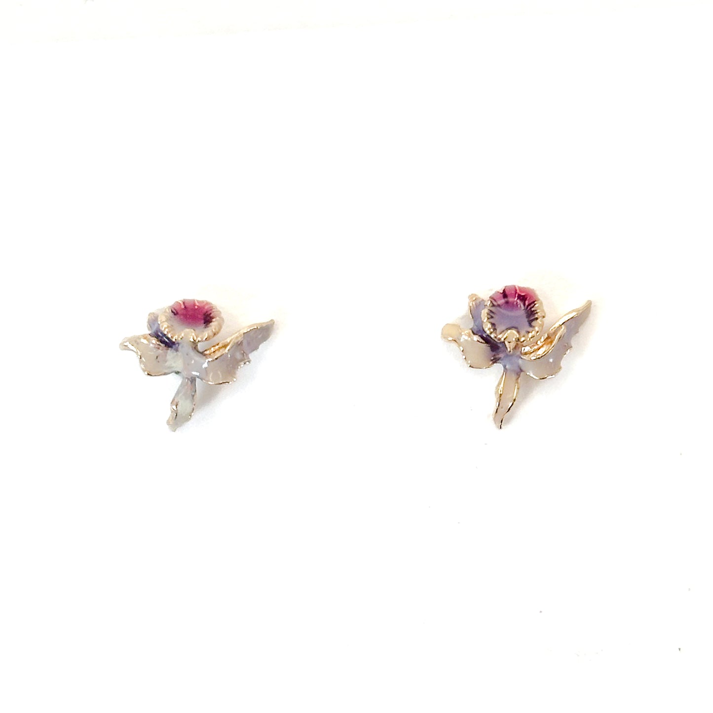 Vintage Enamel Orchid Stud Earrings in 14k Gold