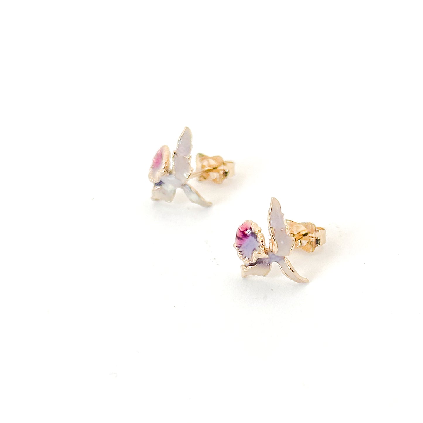 Vintage Enamel Orchid Stud Earrings in 14k Gold