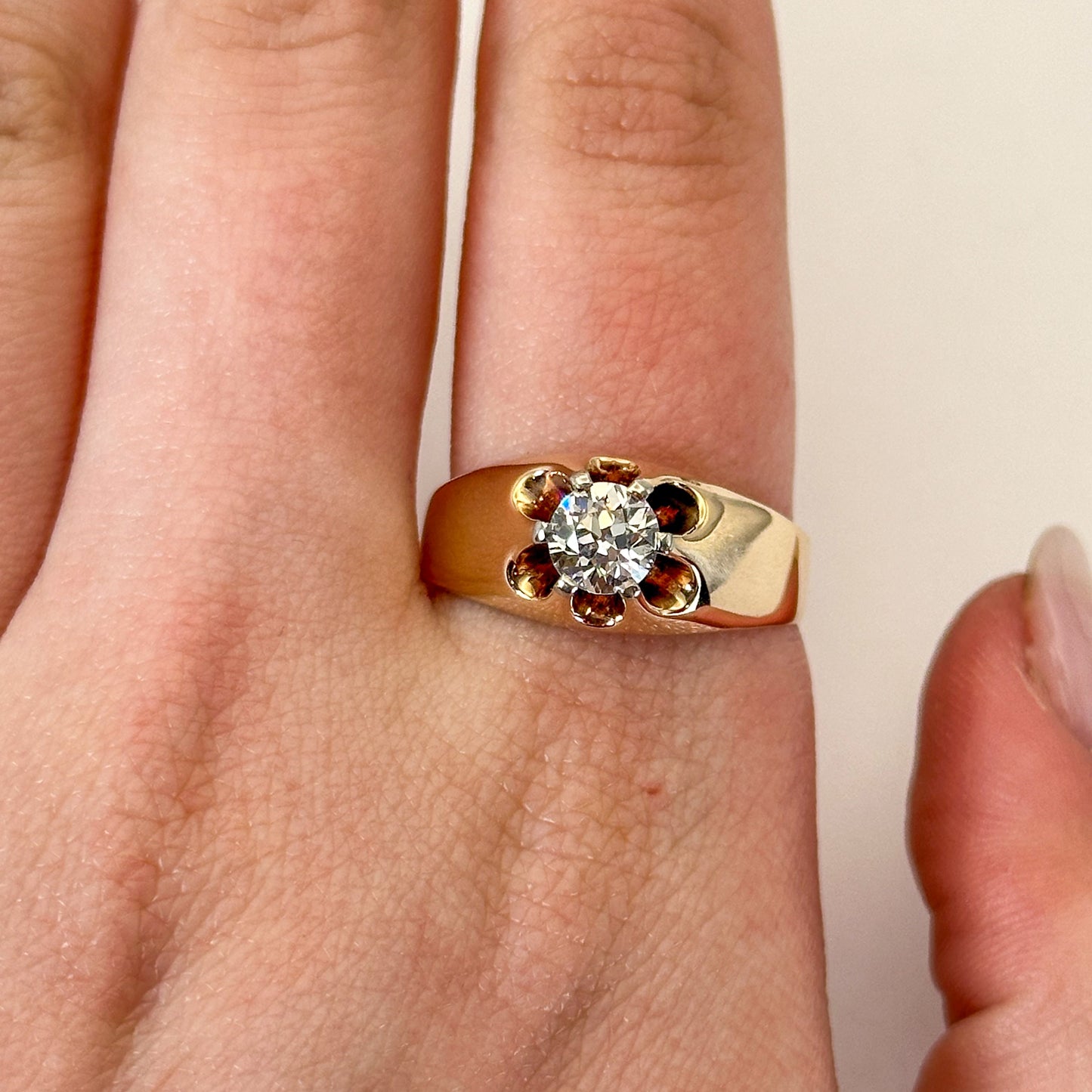 Antique 14K Belcher Set Old Euro Diamond Solitaire Ring