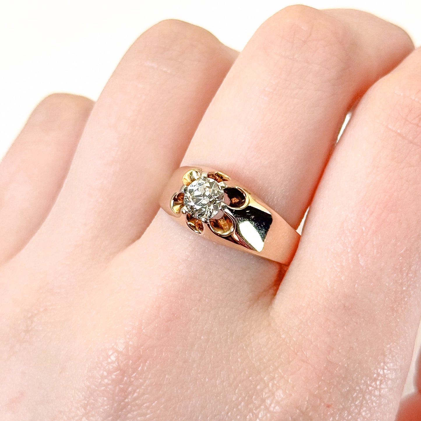 Antique 14K Belcher Set Old Euro Diamond Solitaire Ring