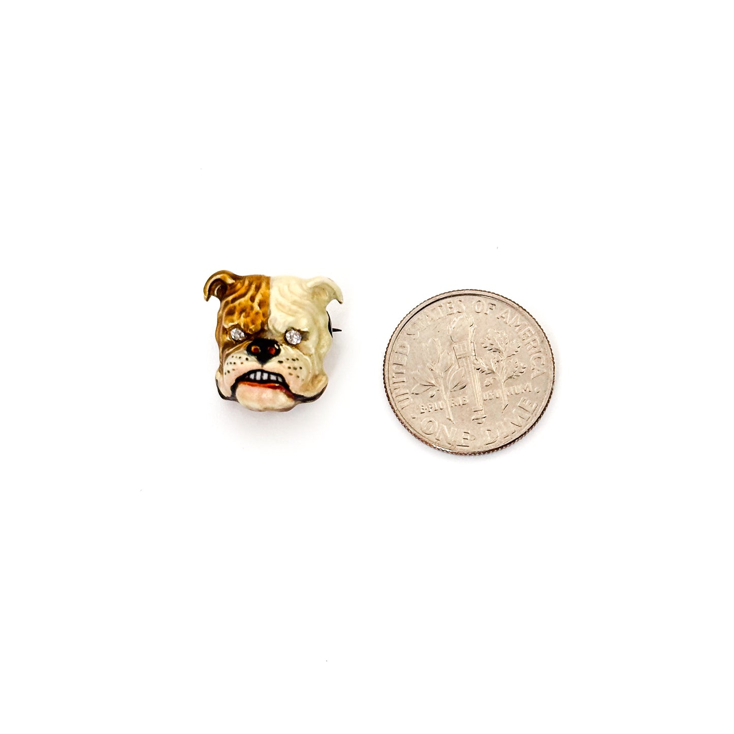 Vintage 14k Enamel Bulldog Head Pin with Diamond Eyes