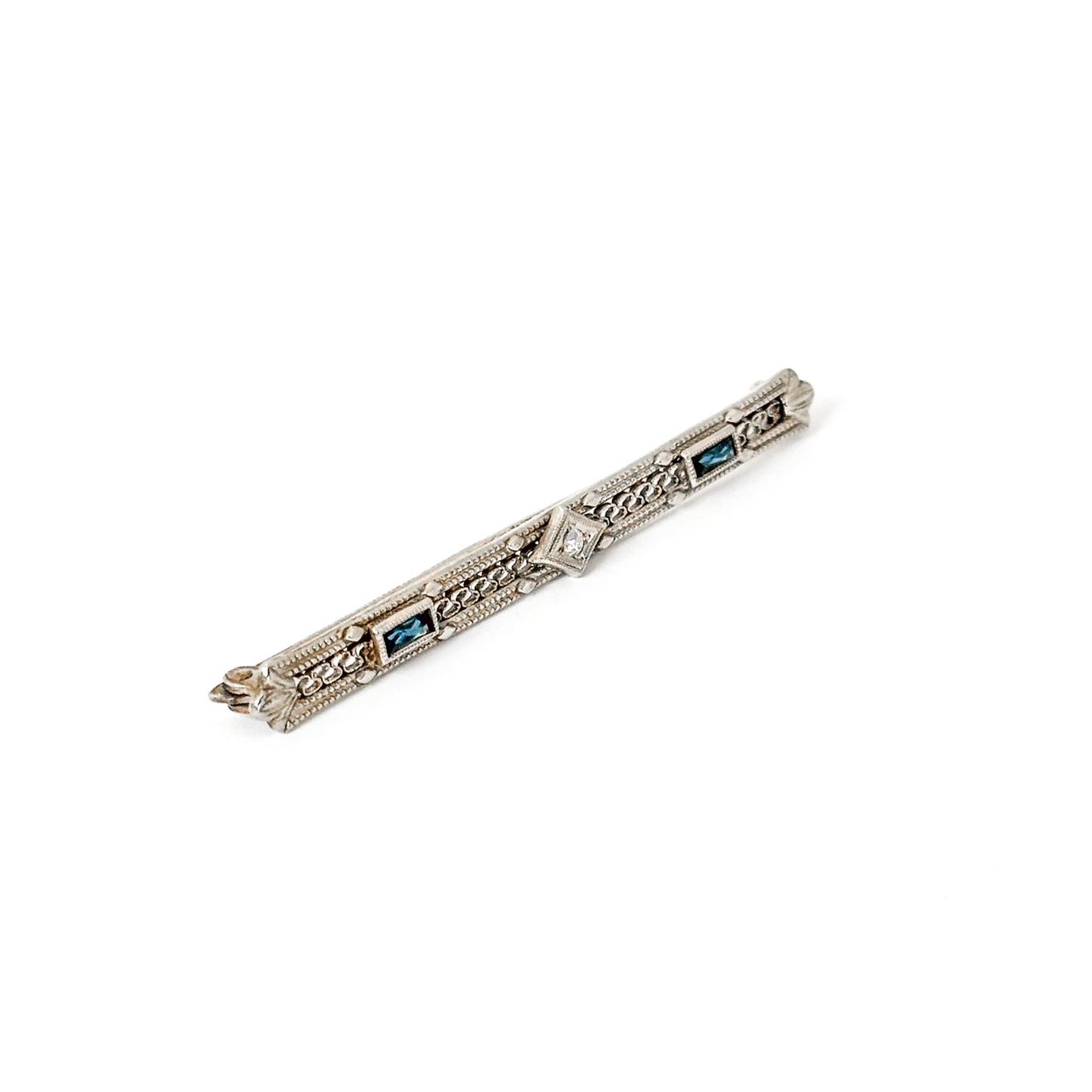 Antique Art Deco 10k White Gold Filigree Bar Pin with Sapphires and Diamond