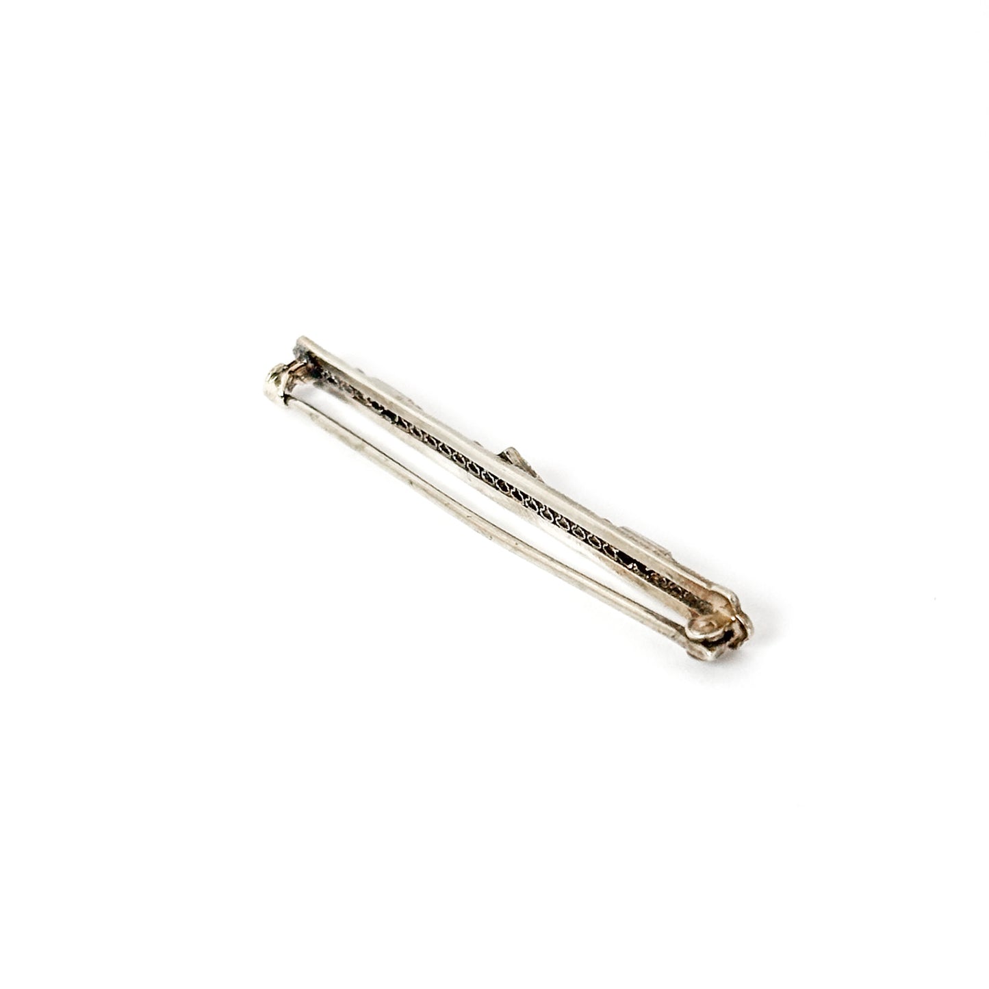 Antique Art Deco 10k White Gold Filigree Bar Pin with Sapphires and Diamond