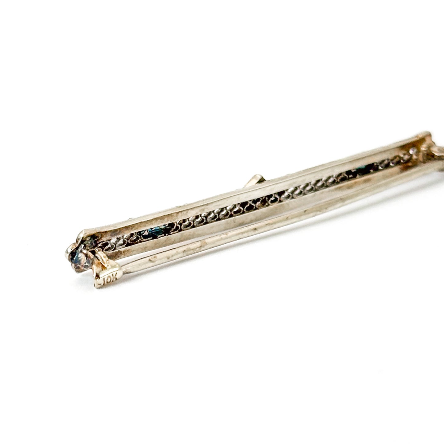Antique Art Deco 10k White Gold Filigree Bar Pin with Sapphires and Diamond