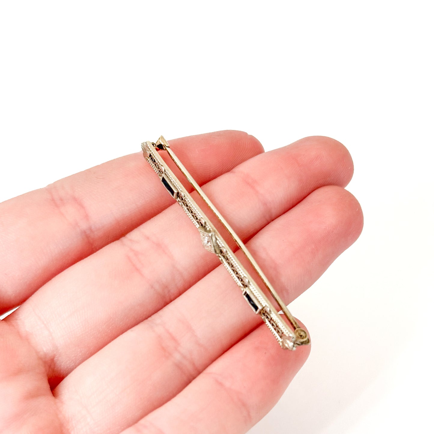 Antique Art Deco 10k White Gold Filigree Bar Pin with Sapphires and Diamond