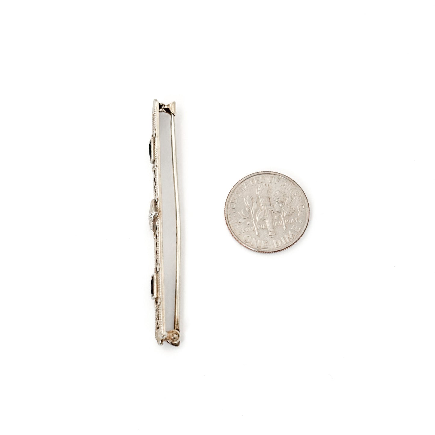 Antique Art Deco 10k White Gold Filigree Bar Pin with Sapphires and Diamond