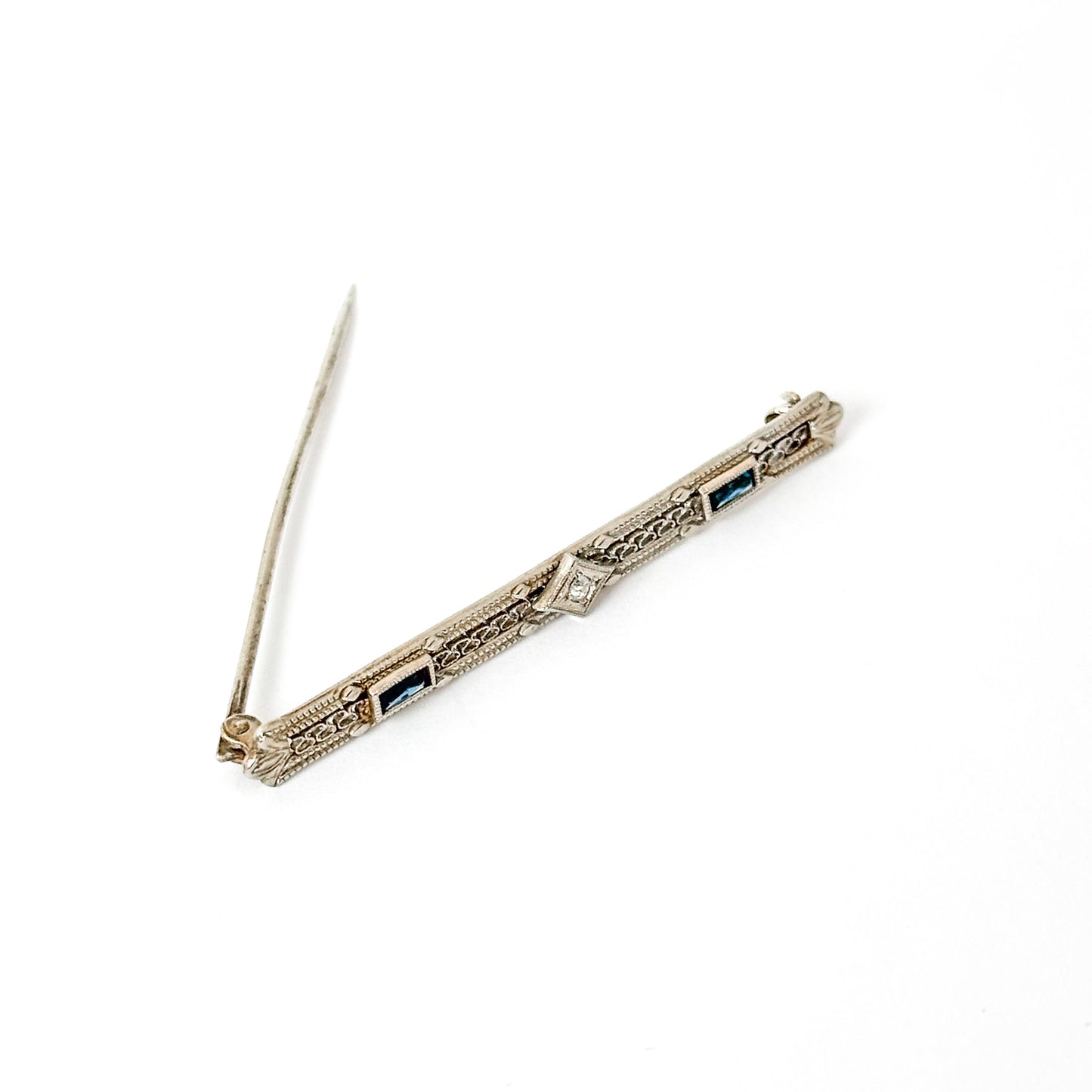 Antique Art Deco 10k White Gold Filigree Bar Pin with Sapphires and Diamond