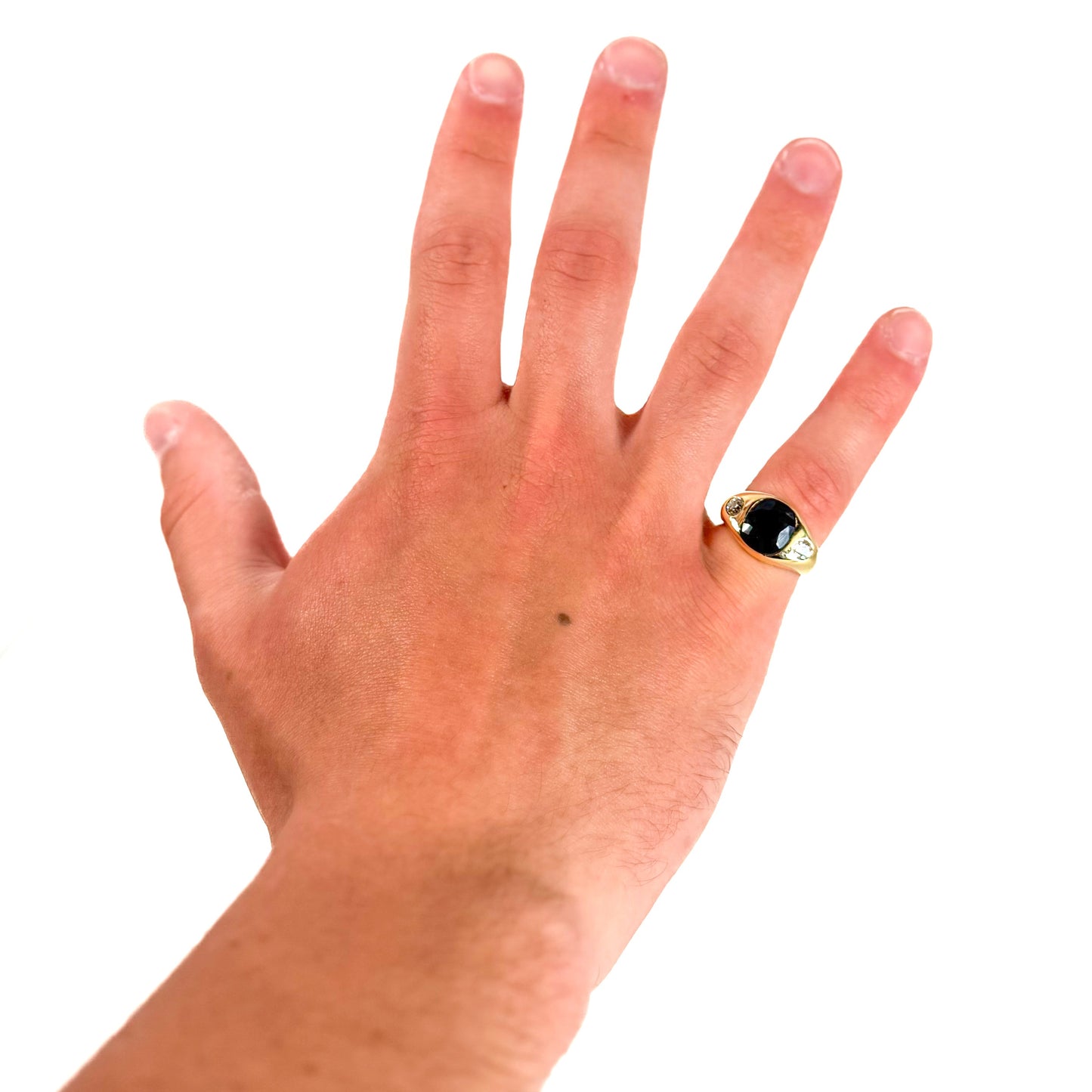 Italian crafted Antique Cushion Cut Blue Sapphire and Old Mine Cut Diamonds Dome Ring in 18K Gold with on men's hand white background