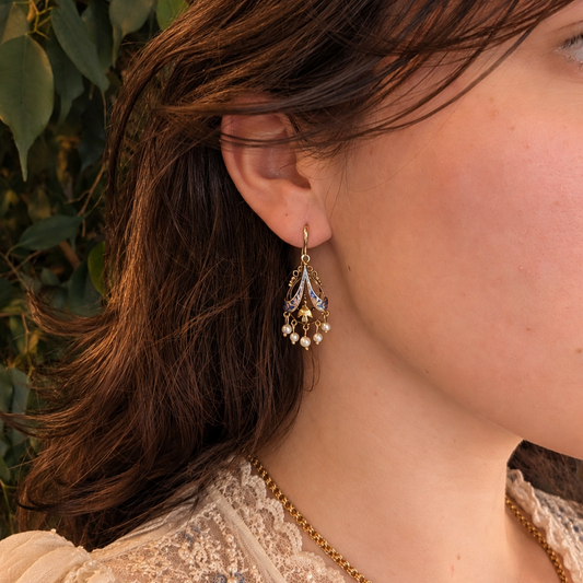 Antique Victorian 14K Gold Blue Enamel & Pearl Chandelier Earrings