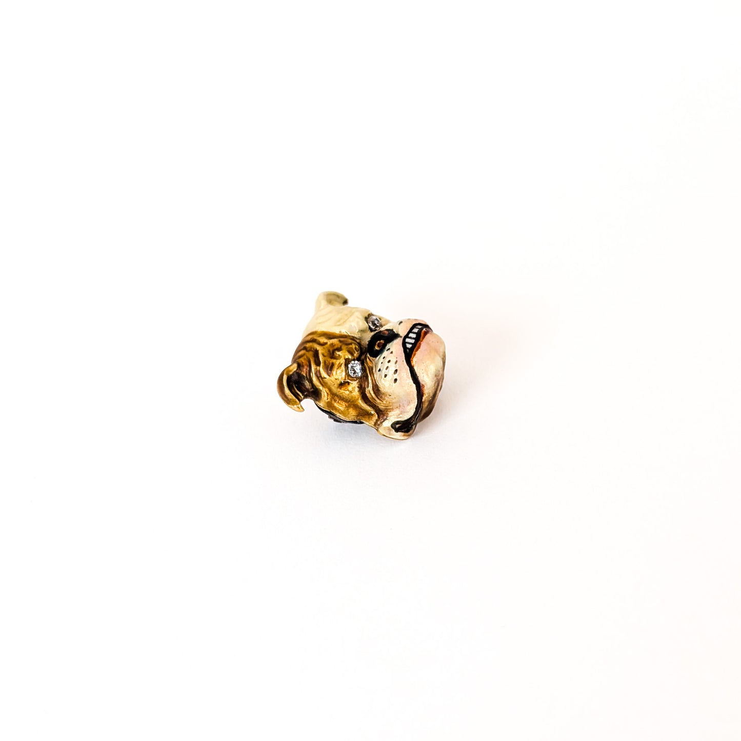 Vintage 14k Enamel Bulldog Head Pin with Diamond Eyes