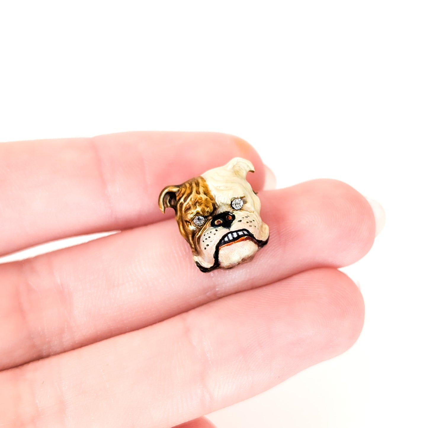 Vintage 14k Enamel Bulldog Head Pin with Diamond Eyes