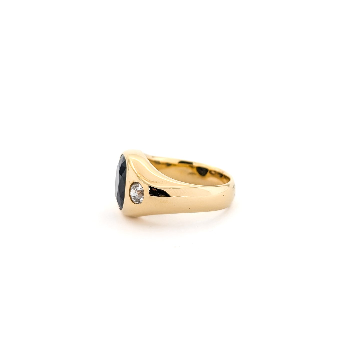 Italian crafted Antique Cushion Cut Blue Sapphire and Old Mine Cut Diamonds Dome Ring in 18K Gold with white background.