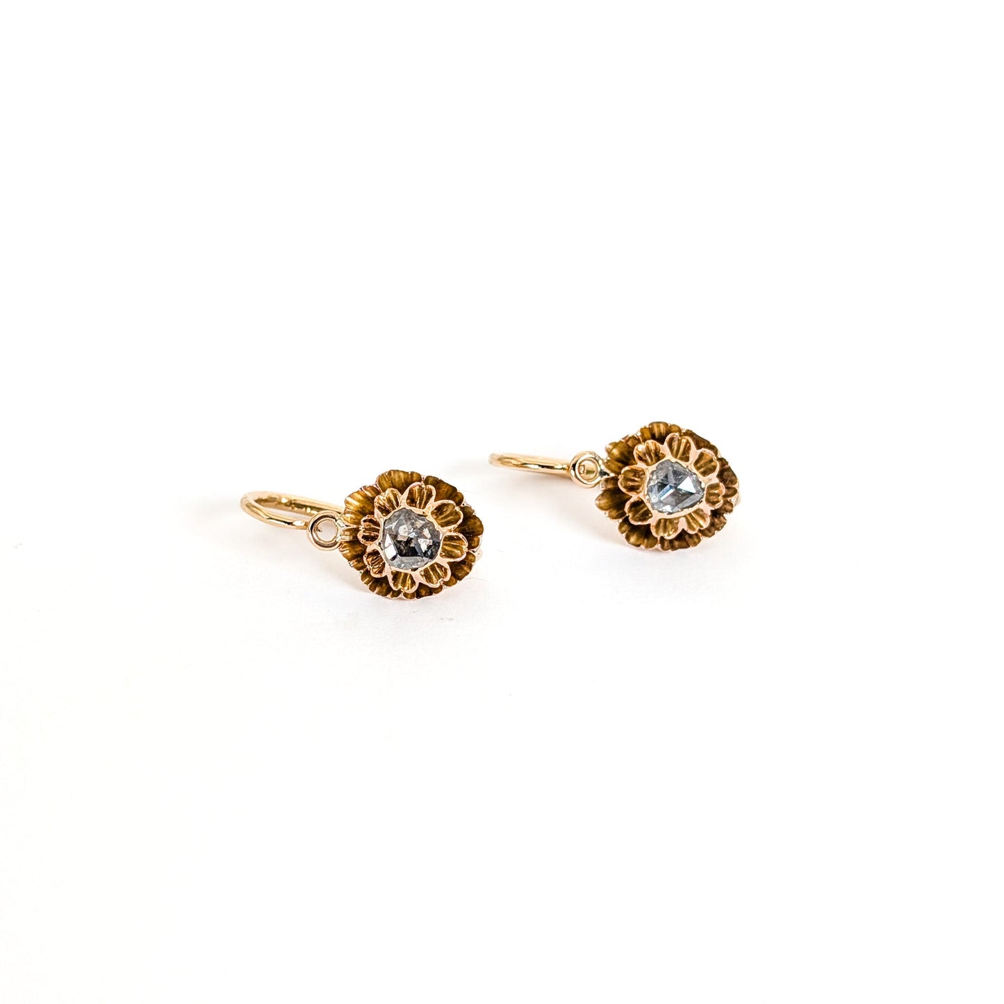 Antique Italian Crafted 18K Gold Drop Lever back Earrings with Rose Cut Diamonds on a white background