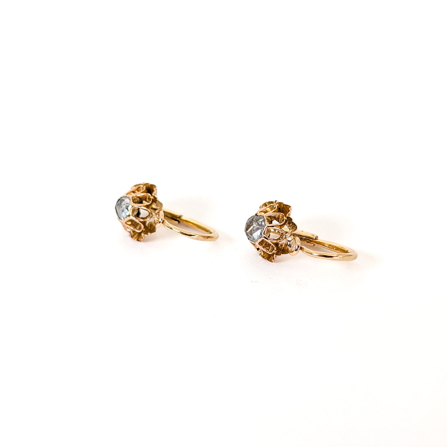 Antique Italian Crafted 18K Gold Drop Lever back Earrings with Rose Cut Diamonds on a white background