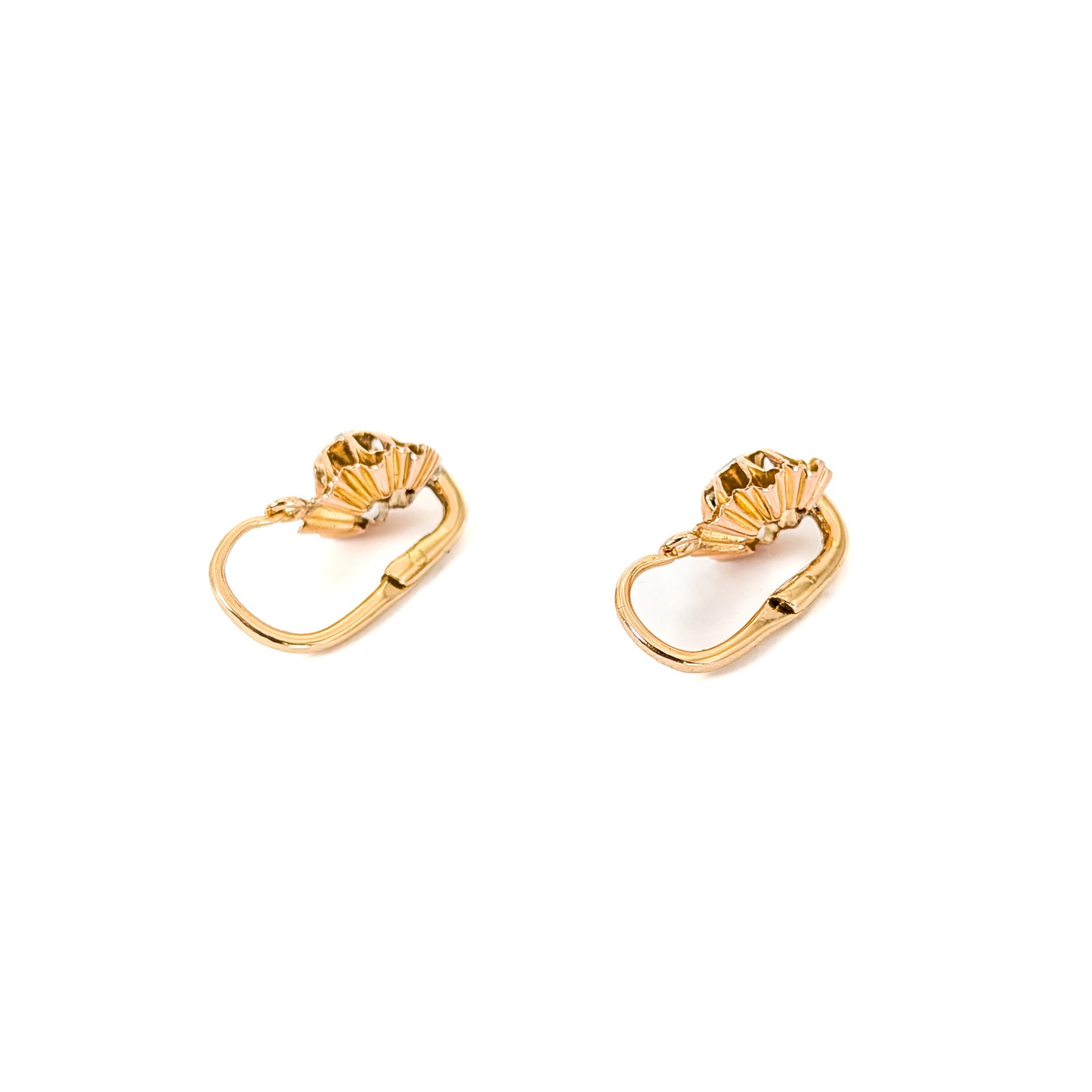 Antique Italian Crafted 18K Gold Drop Lever back Earrings with Rose Cut Diamonds on a white background