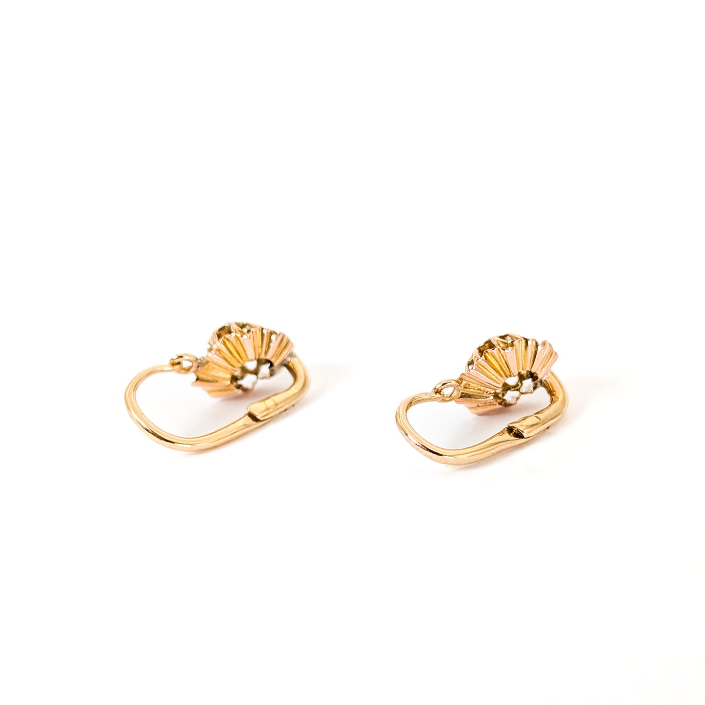 Antique Italian Crafted 18K Gold Drop Lever back Earrings with Rose Cut Diamonds on a white background