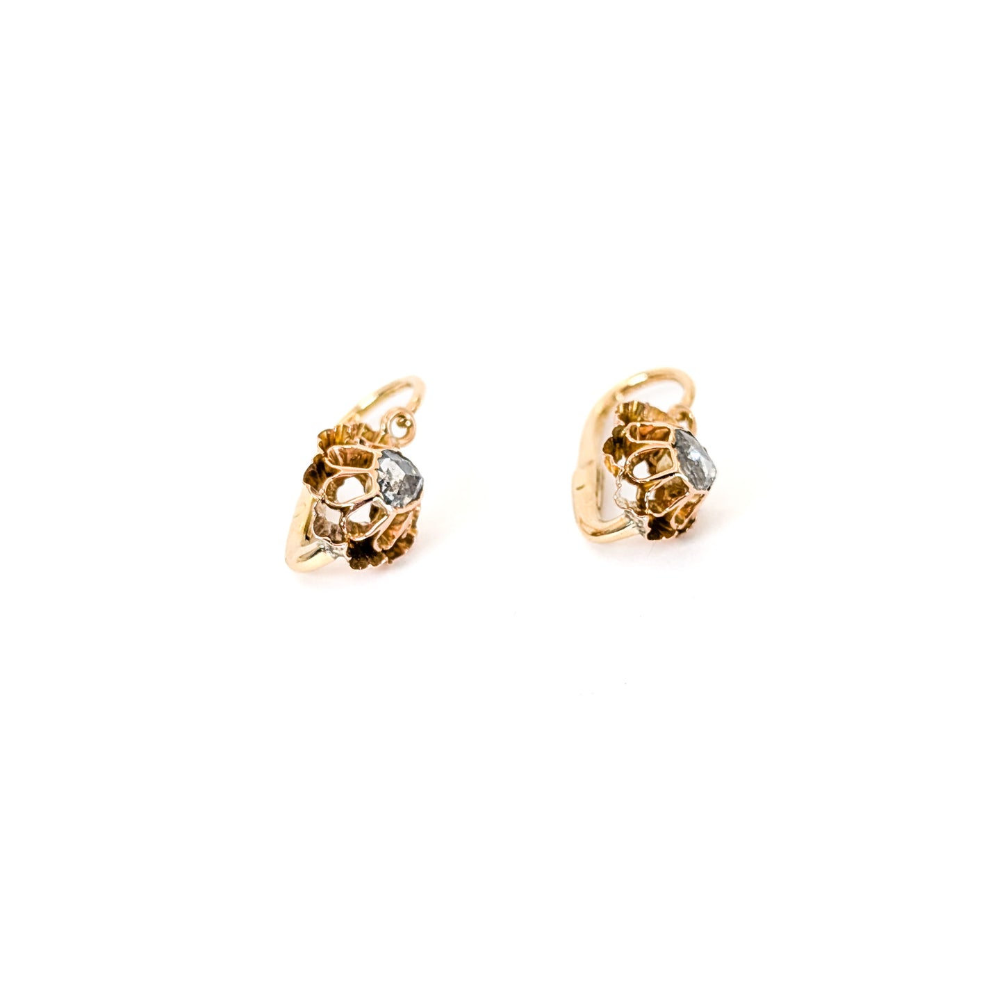 Antique Italian Crafted 18K Gold Drop Lever back Earrings with Rose Cut Diamonds on a white background