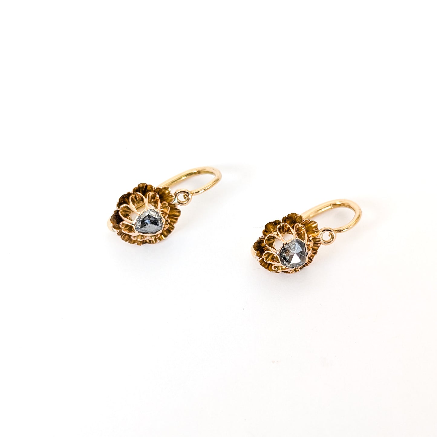 Antique Italian Crafted 18K Gold Drop Lever back Earrings with Rose Cut Diamonds on a white background