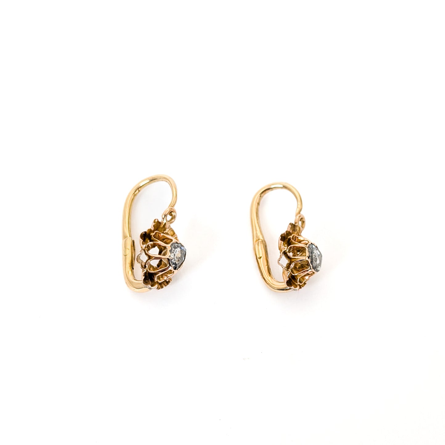 Antique Italian Crafted 18K Gold Drop Lever back Earrings with Rose Cut Diamonds on a white background