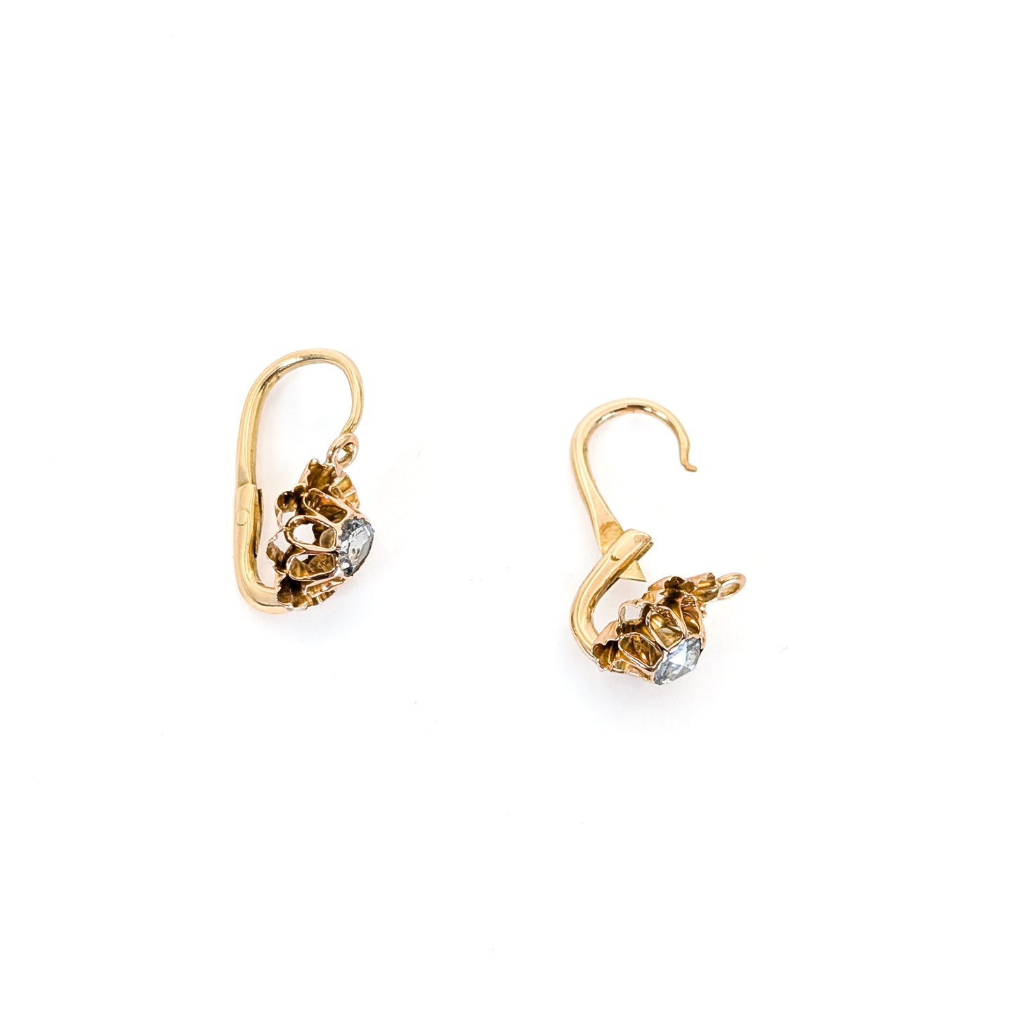 Antique Italian Crafted 18K Gold Drop Lever back Earrings with Rose Cut Diamonds on a white background