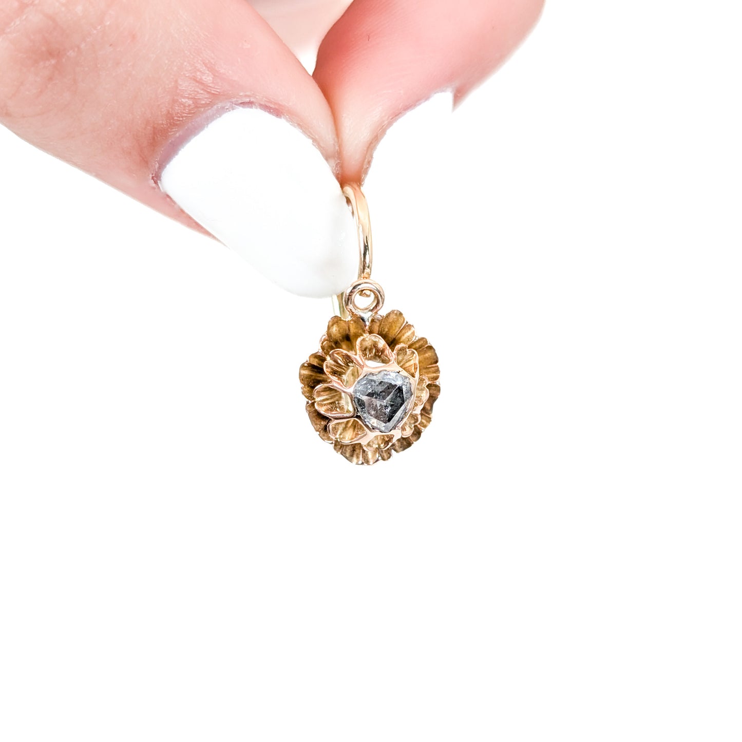 Antique Italian Crafted 18K Gold Drop Lever back Earrings with Rose Cut Diamonds on a white background