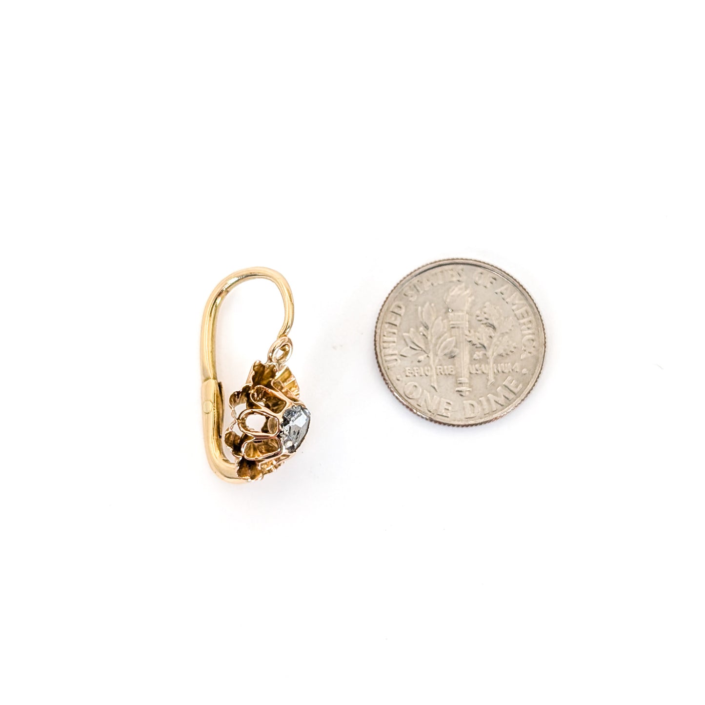 Antique Italian Crafted 18K Gold Drop Lever back Earrings with Rose Cut Diamonds on a white background