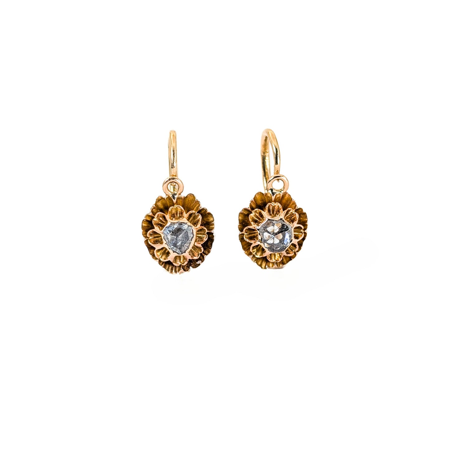 Antique Italian Crafted 18K Gold Drop Lever back Earrings with Rose Cut Diamonds on a white background