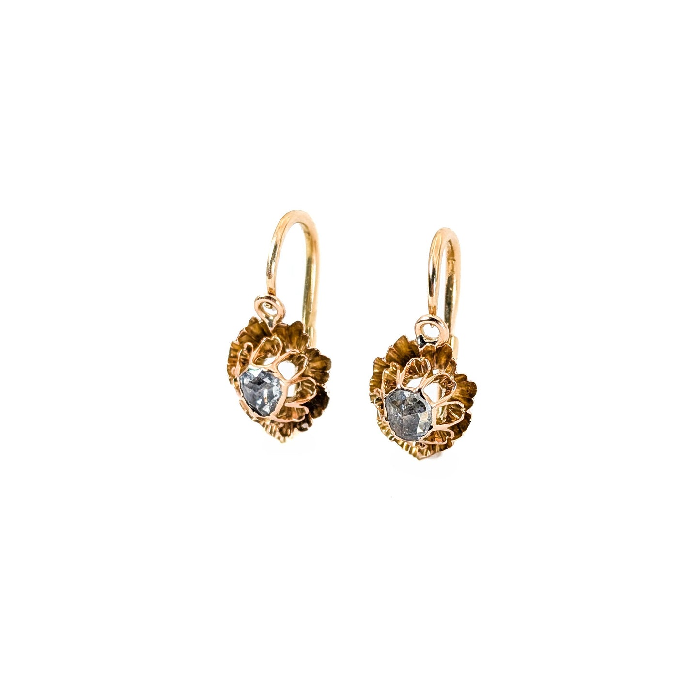 Antique Italian Crafted 18K Gold Drop Lever back Earrings with Rose Cut Diamonds on a white background