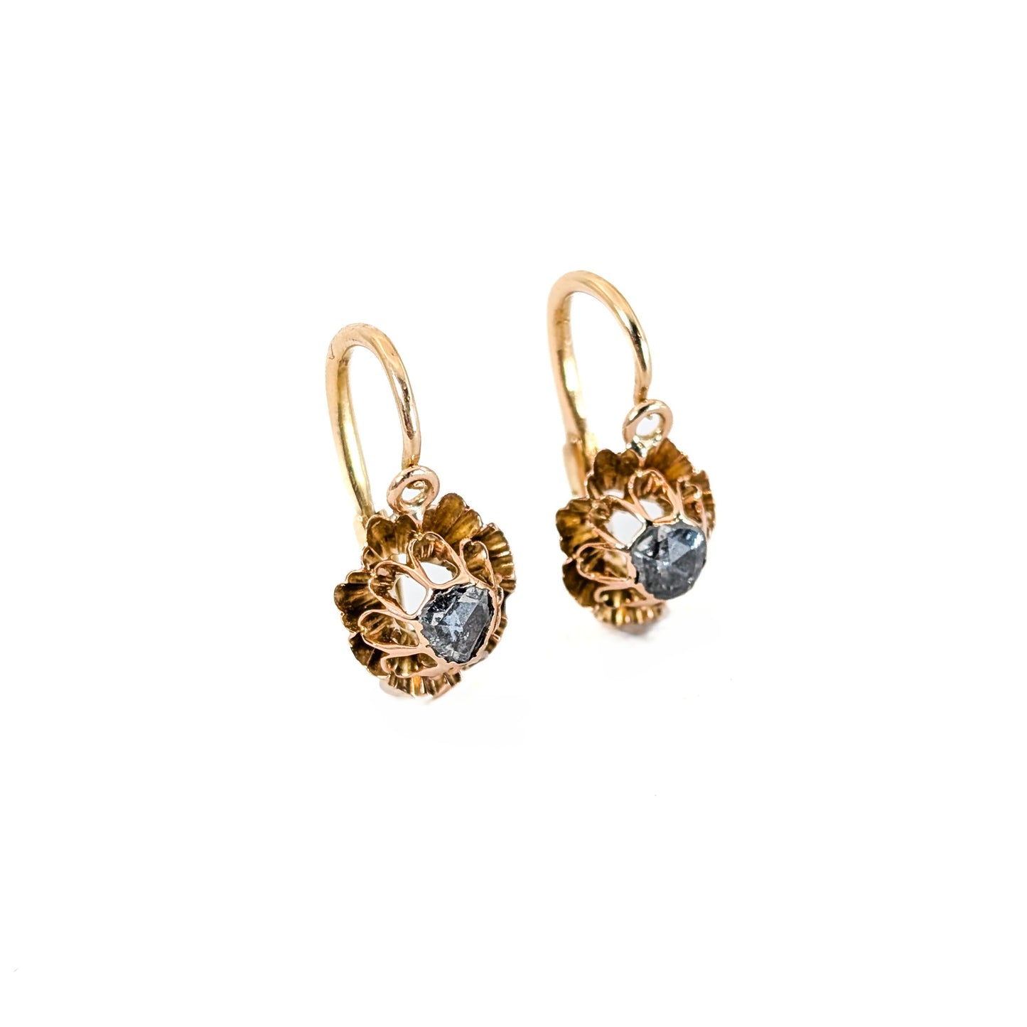 Antique Italian Crafted 18K Gold Drop Lever back Earrings with Rose Cut Diamonds on a white background