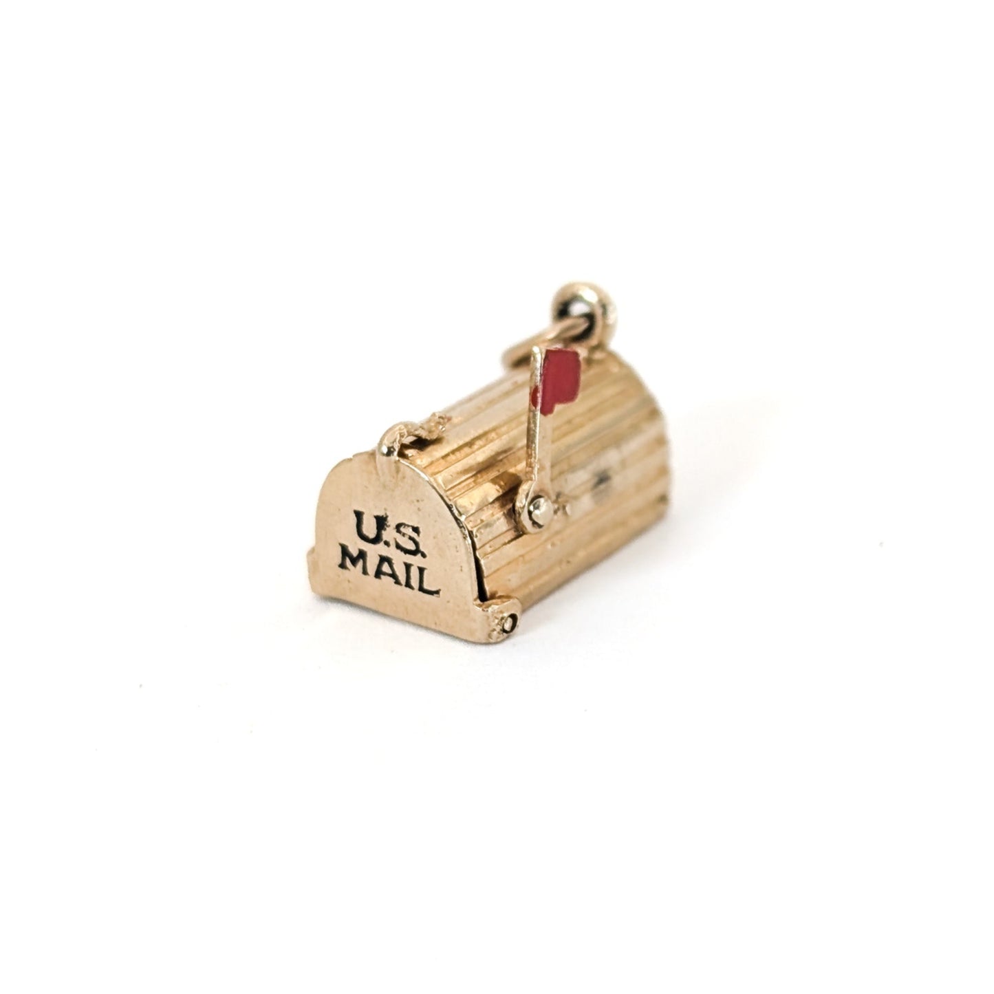 14k Gold U.S. Mail mailbox charm with enamel detailing on a white background