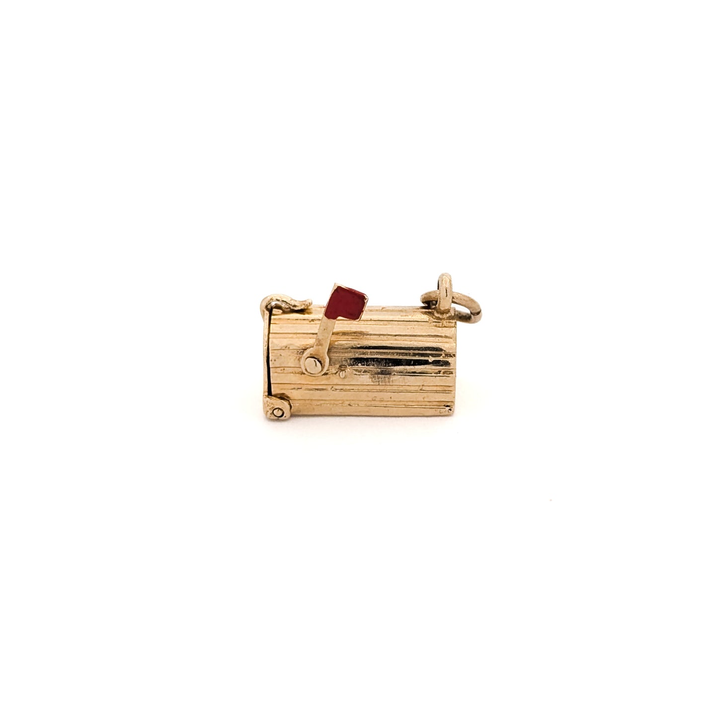 14k Gold U.S. Mail mailbox charm with enamel detailing on a white background
