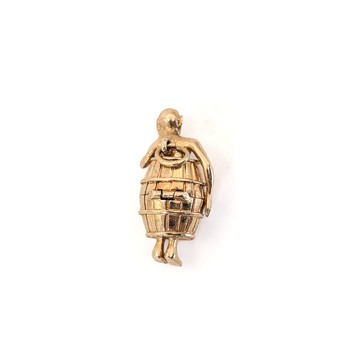 14K gold mechanical cram of a man in a barrel with 'Never Again' engraving on a white background