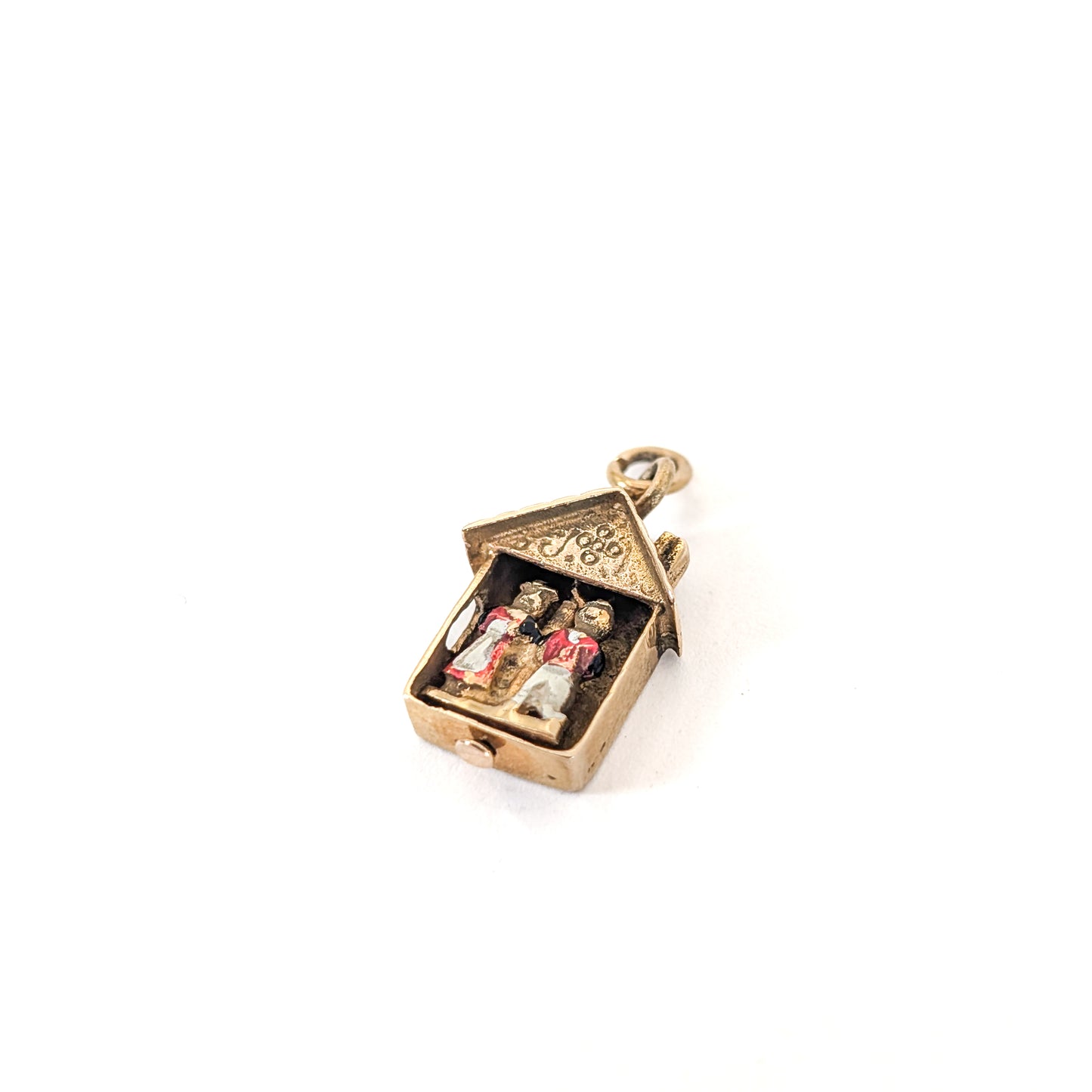 Vintage 14K Gold Mechanical Weather House Mechanical Charm – Enamel Boy & Girl
