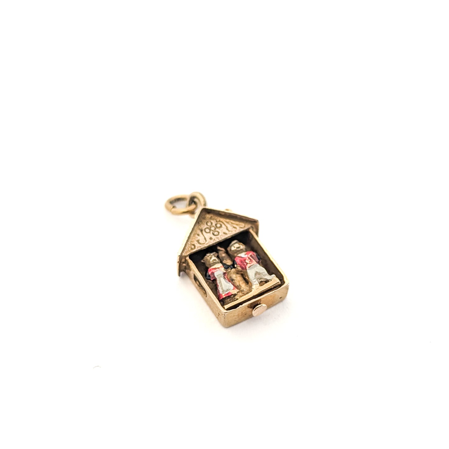 Vintage 14K Gold Mechanical Weather House Mechanical Charm – Enamel Boy & Girl