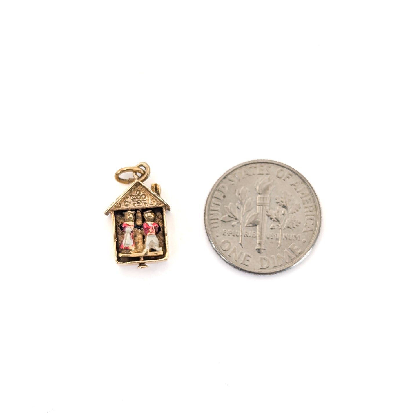 Vintage 14K Gold Mechanical Weather House Mechanical Charm – Enamel Boy & Girl