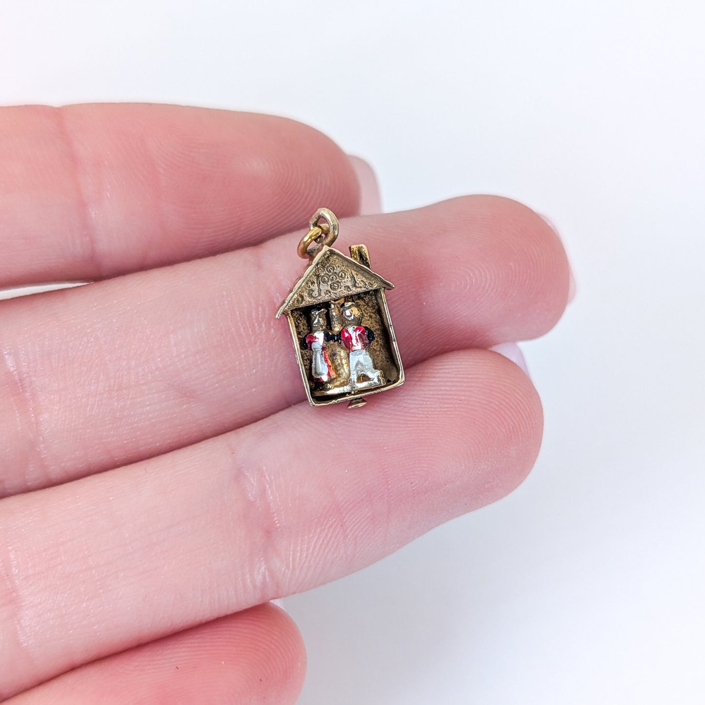Vintage 14K Gold Mechanical Weather House Mechanical Charm – Enamel Boy & Girl